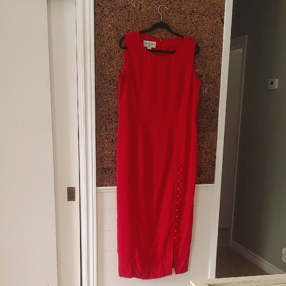 Vintage Evan Picone Red Sheath Maxi Dress With Button Slit